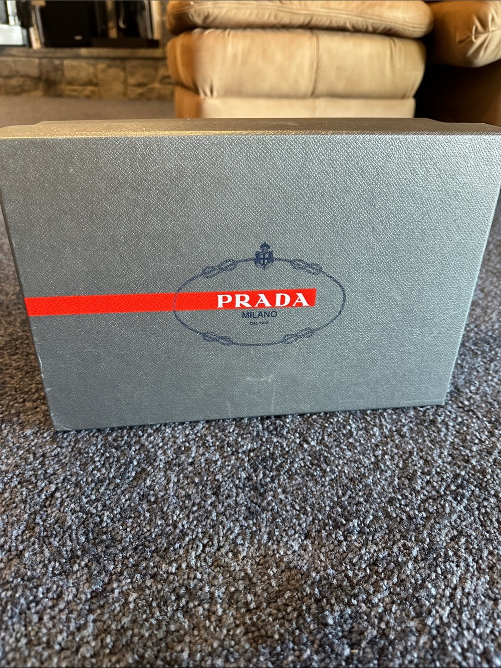 Prada Gray Shoe Box with Red Stripe and Logo 12 x 8.25 x 4.5